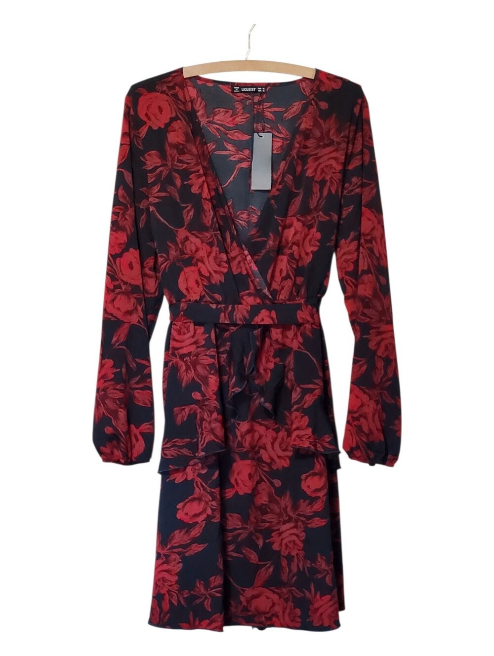UGuest Red Black Floral Long Sleeve V-Neck Ruffle Belt Mini‎ Dress Size 2X
